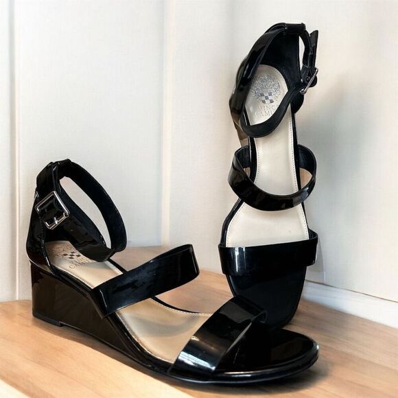 Vince Camuto Shorin Black Strap Leather Patent Wedge Sandals Women's Size 10M/42 - Picture 1 of 11